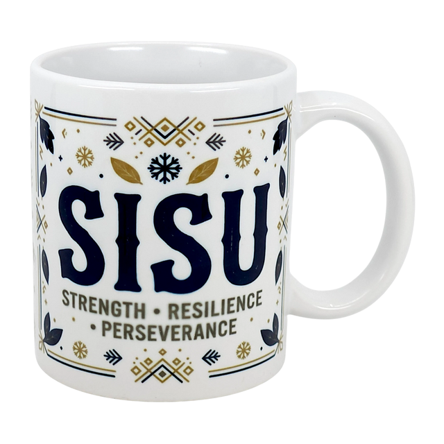 The Nordic Wholesalers Mug: Sisu Strength Resilience Perseverance Ceramic Mug (11 oz) features Nordic patterns, bold SISU lettering, and gold-black accents—making it an ideal Finnish mug for your morning coffee.