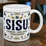 The Mug: Sisu Strength Resilience Perseverance Ceramic Mug (11 oz) by Nordic Wholesalers features bold lettering and blue/gold patterns, celebrating Nordic values—perfect for inspiring your daily coffee ritual.