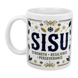The Nordic Wholesalers Mug: Sisu Strength Resilience Perseverance Ceramic Mug (11 oz) is a white Finnish mug with dark blue and gold patterns, featuring "SISU" and the words "Strength • Resilience • Perseverance" for daily motivation.