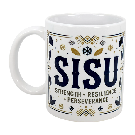 The Swedish Gift Store’s 11oz Sisu Strength Resilience Perseverance Ceramic Mug features decorative blue and gold Nordic patterns, with "SISU" and its meaning—Strength • Resilience • Perseverance—printed underneath for daily inspiration.