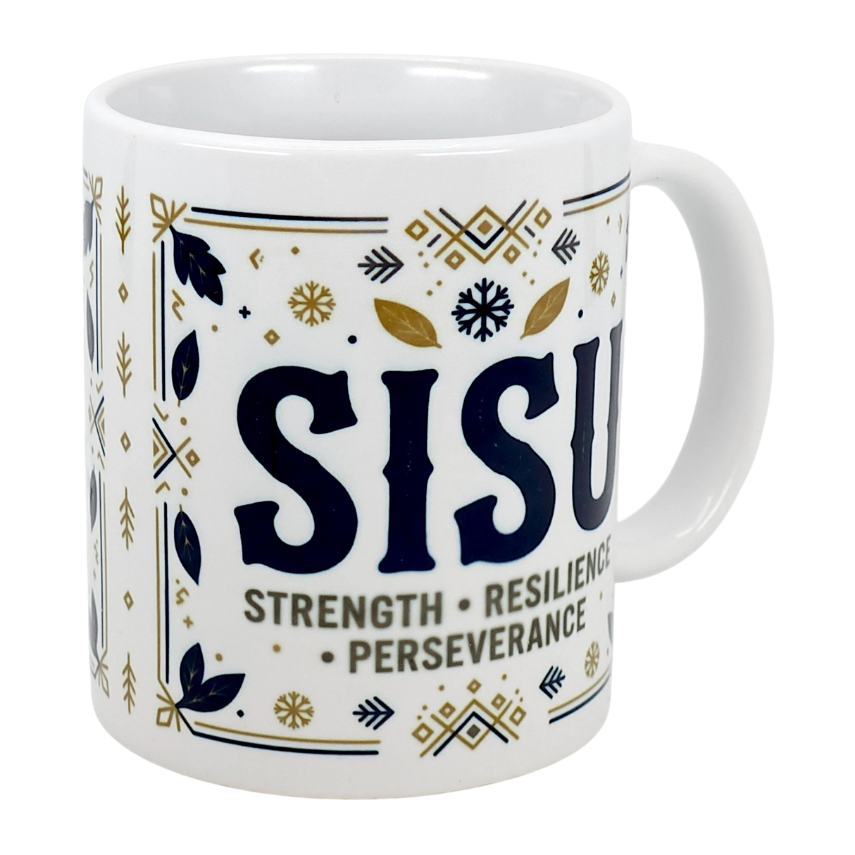 The Mug: Sisu Strength Resilience Perseverance Ceramic Mug (11 oz) by Nordic Wholesalers features blue and gold designs, the word SISU, and its meaning—Strength • Resilience • Perseverance—for daily inspiration.