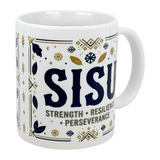 The Mug: Sisu Strength Resilience Perseverance Ceramic Mug (11 oz) by Nordic Wholesalers features blue and gold designs, the word SISU, and its meaning—Strength • Resilience • Perseverance—for daily inspiration.