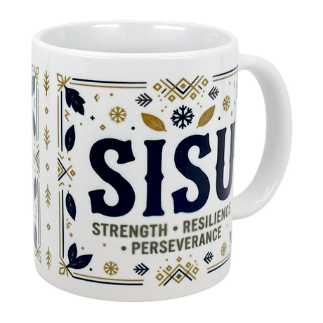 The Swedish Gift Store’s 11 oz Mug: Sisu Strength Resilience Perseverance Ceramic Mug displays bold "SISU" and Nordic motifs with "Strength • Resilience • Perseverance" below—a perfect Finnish-themed mug for celebrating inner strength.