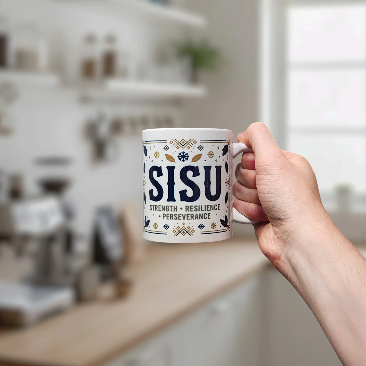 A hand holds the Nordic Wholesalers Mug: Sisu Strength Resilience Perseverance Ceramic Mug (11 oz) in a bright, softly focused kitchen with shelves, potted plants, and a window in the background.