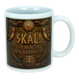 The Nordic Wholesale Mug: Skal To Health And Happiness Norse Ceramic Mug (11 oz) is a white Scandinavian-style mug adorned with Viking-themed artwork, showcasing the phrase “SKÅL! TO HEALTH AND HAPPINESS,” and embellished with shields, drinking horns, axes, Norse symbols, and intricate patterns.