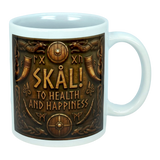 The Nordic Wholesale Mug: Skal To Health And Happiness Norse Ceramic Mug (11 oz) is a white Scandinavian-style mug adorned with Viking-themed artwork, showcasing the phrase “SKÅL! TO HEALTH AND HAPPINESS,” and embellished with shields, drinking horns, axes, Norse symbols, and intricate patterns.