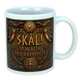 The Nordic Wholesale Mug: Skal To Health And Happiness Norse Ceramic Mug (11 oz) is a white Scandinavian-style mug adorned with Viking-themed artwork, showcasing the phrase “SKÅL! TO HEALTH AND HAPPINESS,” and embellished with shields, drinking horns, axes, Norse symbols, and intricate patterns.