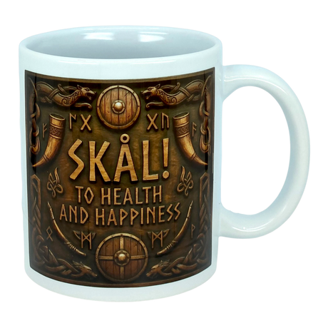 The Nordic Wholesale Mug: Skal To Health And Happiness Norse Ceramic Mug (11 oz) is a white Scandinavian-style mug adorned with Viking-themed artwork, showcasing the phrase “SKÅL! TO HEALTH AND HAPPINESS,” and embellished with shields, drinking horns, axes, Norse symbols, and intricate patterns.