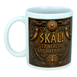 A white ceramic Mug: Skal To Health And Happiness Norse Ceramic Mug (11 oz) by Nordic Wholesale, designed in Scandinavian style with Viking-inspired shields, axes, and drinking horns. The mug features the text: SKÅL! TO HEALTH AND HAPPINESS.