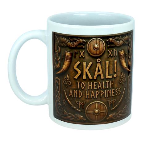 A white ceramic Mug: Skal To Health And Happiness Norse Ceramic Mug (11 oz) by Nordic Wholesale, designed in Scandinavian style with Viking-inspired shields, axes, and drinking horns. The mug features the text: SKÅL! TO HEALTH AND HAPPINESS.