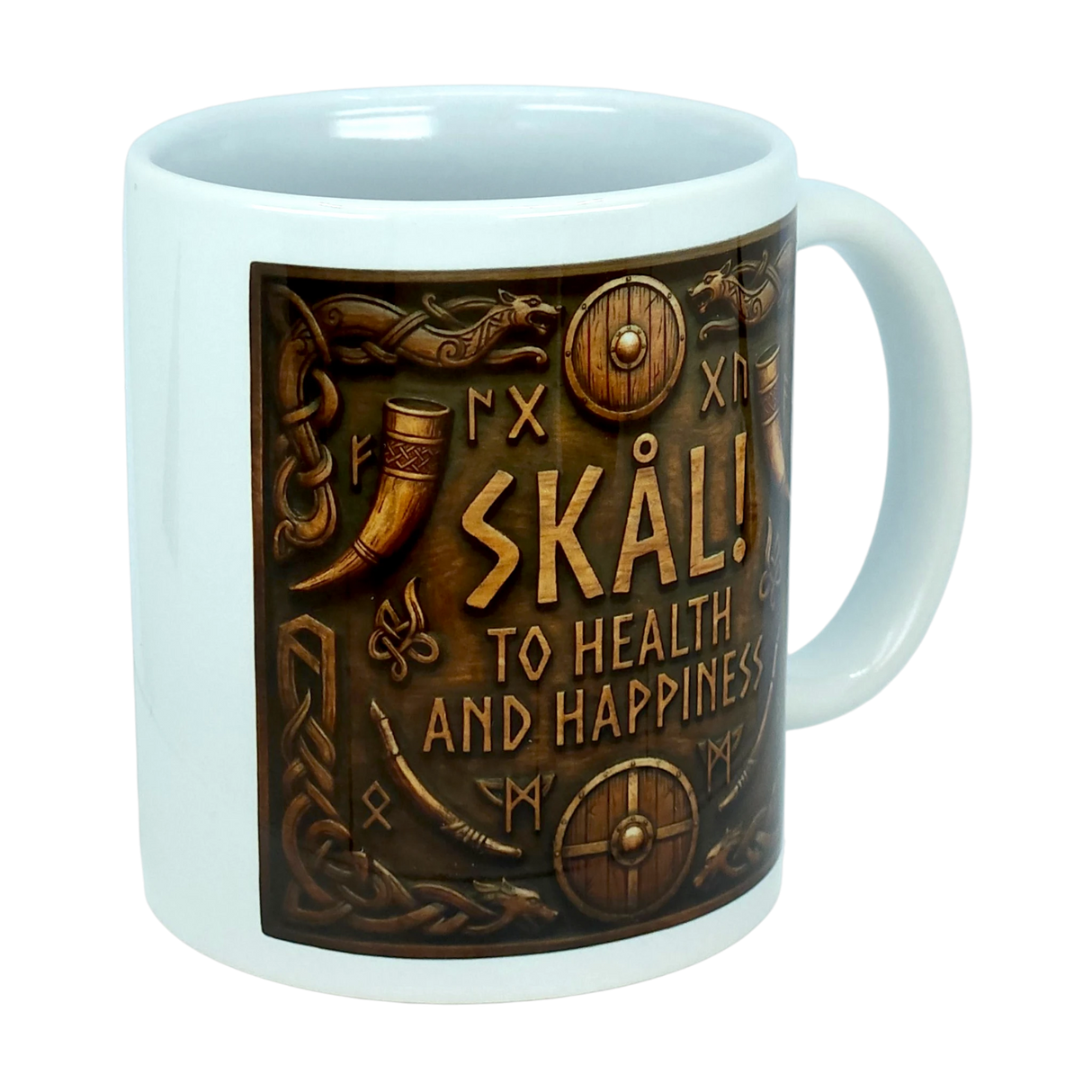 Elevate your morning routine with the Mug: Skal To Health And Happiness Norse Ceramic Mug (11 oz) by Nordic Wholesale—a white ceramic mug adorned with a brown Norse-themed design featuring shields, axes, and runes. The text "SKÅL! TO HEALTH AND HAPPINESS" decorates the front, celebrating Viking spirit.