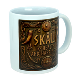 Elevate your morning routine with the Mug: Skal To Health And Happiness Norse Ceramic Mug (11 oz) by Nordic Wholesale—a white ceramic mug adorned with a brown Norse-themed design featuring shields, axes, and runes. The text "SKÅL! TO HEALTH AND HAPPINESS" decorates the front, celebrating Viking spirit.