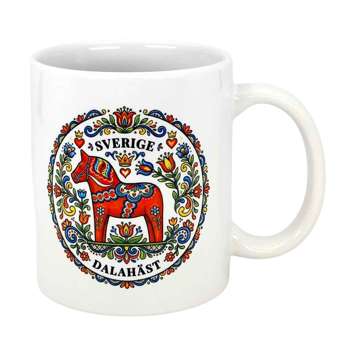 The "Sverige Dala Häst" Mug by Swedish Gift Store features a red Dala horse framed by a Swedish folk art wreath, with “Sverige” and “Dalahäst” stylishly displayed above and below the design. 11 oz ceramic.