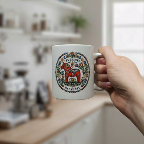 A hand holds the "Sverige Dala Häst" 11oz ceramic mug by Nordic Wholesale, featuring a red Dala Horse with Swedish folk art wreath. The mug's vibrant design stands out in a bright, cozy kitchen with a softly blurred background.