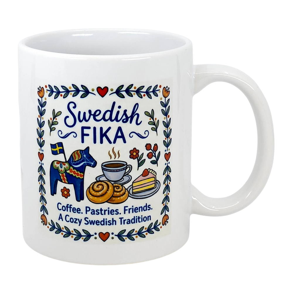 Mug: Swedish Fika Cozy Tradition Blue Dala Horse Ceramic Mug (11 oz)