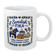 The Swedish Gift Store’s 11 oz ceramic mug, “Swedish Fika Cozy Tradition,” features blue Dala horse and folk art illustrations with “Swedish FIKA. Coffee. Pastries. Friends. A Cozy Swedish Tradition.”.