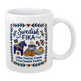 The Swedish Gift Store’s 11 oz ceramic mug, “Swedish Fika Cozy Tradition,” features blue Dala horse and folk art illustrations with “Swedish FIKA. Coffee. Pastries. Friends. A Cozy Swedish Tradition.”.
