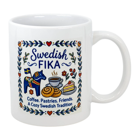 The Swedish Gift Store’s 11 oz ceramic mug, “Swedish Fika Cozy Tradition,” features blue Dala horse and folk art illustrations with “Swedish FIKA. Coffee. Pastries. Friends. A Cozy Swedish Tradition.”.