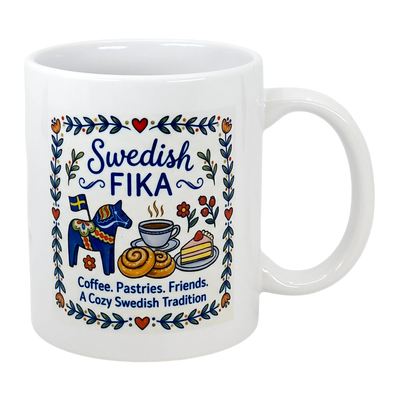 The Swedish Gift Store’s 11 oz ceramic mug, “Swedish Fika Cozy Tradition,” features blue Dala horse and folk art illustrations with “Swedish FIKA. Coffee. Pastries. Friends. A Cozy Swedish Tradition.”.
