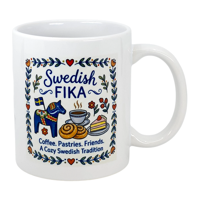 The Swedish Gift Store’s 11 oz ceramic mug, “Swedish Fika Cozy Tradition,” features blue Dala horse and folk art illustrations with “Swedish FIKA. Coffee. Pastries. Friends. A Cozy Swedish Tradition.”.