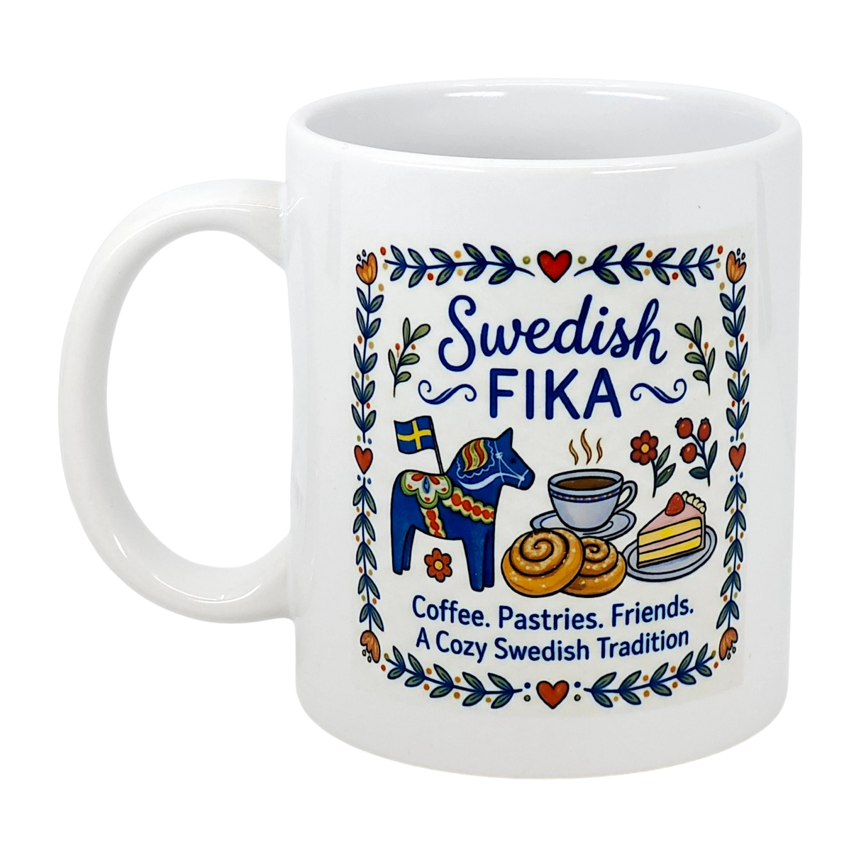 The Swedish Gift Store’s 11 oz Mug: Swedish Fika Cozy Tradition Blue Dala Horse features Scandinavian folk art, vibrant Dala horse, coffee, cinnamon rolls, cake illustrations, and festive text celebrating Sweden’s fika ritual.