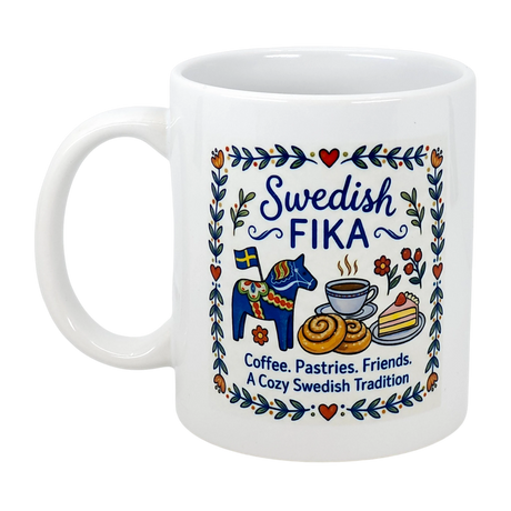 The Nordic Wholesale Mug: Swedish Fika Cozy Tradition Blue Dala Horse Ceramic Mug (11 oz) features colorful Dala horse, coffee, pastry, and floral folk art illustrations with the text: Swedish Fika. Coffee. Pastries. Friends. A Cozy Swedish Tradition.