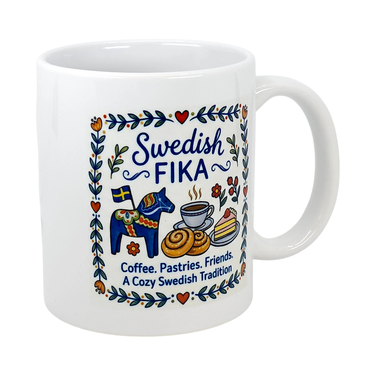 Enjoy coffee time with the Swedish Gift Store's 11 oz ceramic mug, featuring blue Dala horses, pastries, and flowers. "Swedish FIKA. Coffee. Pastries. Friends. A Cozy Coffee Tradition." Perfect for your next cozy break!.