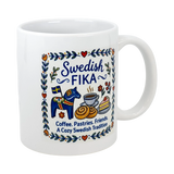 Enjoy coffee time with the Swedish Gift Store's 11 oz ceramic mug, featuring blue Dala horses, pastries, and flowers. "Swedish FIKA. Coffee. Pastries. Friends. A Cozy Coffee Tradition." Perfect for your next cozy break!.