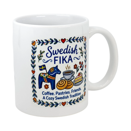 The Nordic Wholesale Mug: Swedish Fika Cozy Tradition Blue Dala Horse Ceramic Mug (11 oz) features blue and red floral patterns, horses, coffee, pastries, and the text: "Swedish Fika. Coffee. Pastries. Friends.