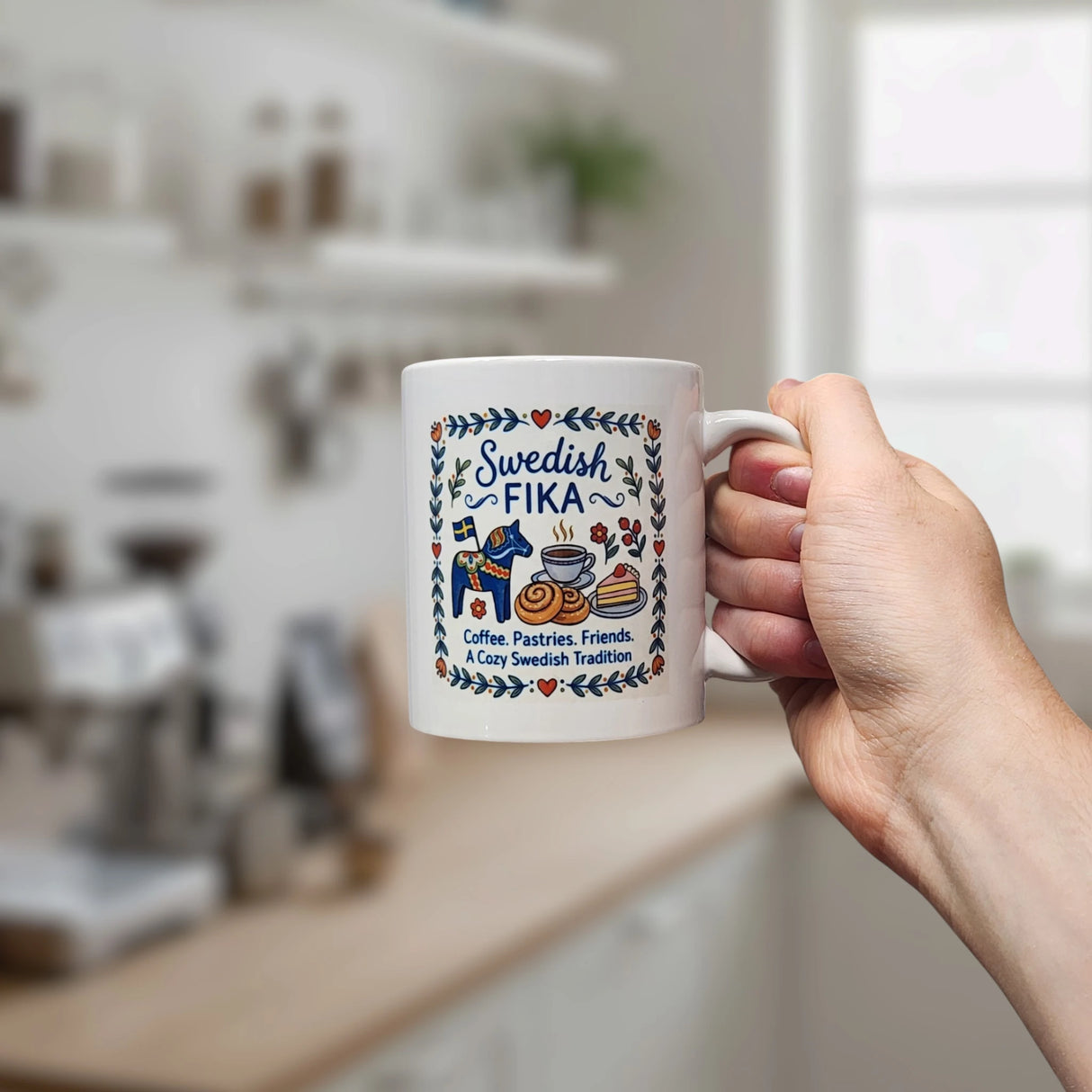A hand holds the Swedish Gift Store's Mug: Swedish Fika Cozy Tradition Blue Dala Horse Ceramic Mug (11 oz), featuring coffee, pastries, and a blue Dala horse in folk art style against a bright kitchen backdrop, evoking cozy fika moments.
