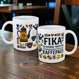 Two white 11 oz ceramic mugs from Swedish Gift Store feature colorful Scandinavian designs. One "Swedish Fika Traditions" mug reads FIKA EN SVENSK TRADITION KAFFEPAUS, surrounded by flowers, pots, and cups—perfect for your next coffee break.