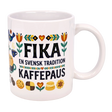 The Nordic Wholesale Mug: Fika — "En Svensk Tradition Kaffepaus" is an 11 oz ceramic mug with colorful floral, cookie, coffee cup, and bird illustrations—a perfect Swedish Fika tradition gift for coffee lovers.
