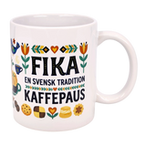 The Nordic Wholesale Mug: Fika — "En Svensk Tradition Kaffepaus" is an 11 oz ceramic mug with colorful floral, cookie, coffee cup, and bird illustrations—a perfect Swedish Fika tradition gift for coffee lovers.