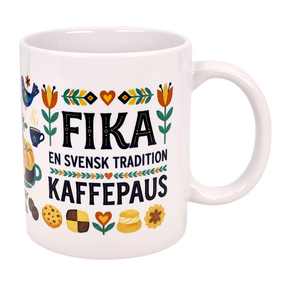The Nordic Wholesale Mug: Fika — "En Svensk Tradition Kaffepaus" is an 11 oz ceramic mug with colorful floral, cookie, coffee cup, and bird illustrations—a perfect Swedish Fika tradition gift for coffee lovers.