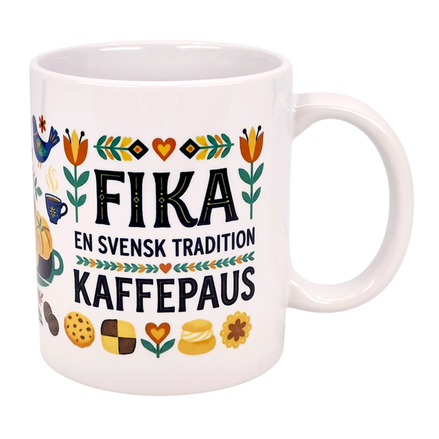 The Nordic Wholesale Mug: Fika — "En Svensk Tradition Kaffepaus" is an 11 oz ceramic mug with colorful floral, cookie, coffee cup, and bird illustrations—a perfect Swedish Fika tradition gift for coffee lovers.