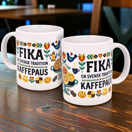 The Nordic Wholesale 11 oz “En Svensk Tradition Kaffepaus” mug features colorful Scandinavian wraparound designs—flowers, hearts, birds, coffee & pastries—making it the perfect Swedish tradition gift for Fika lovers.