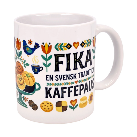 The Nordic Wholesale Mug: Fika—"En Svensk Tradition Kaffepaus" 11 oz ceramic mug features Nordic pastries, flowers, a blue bird, and Swedish fika tradition text—an ideal gift for coffee and fika lovers.