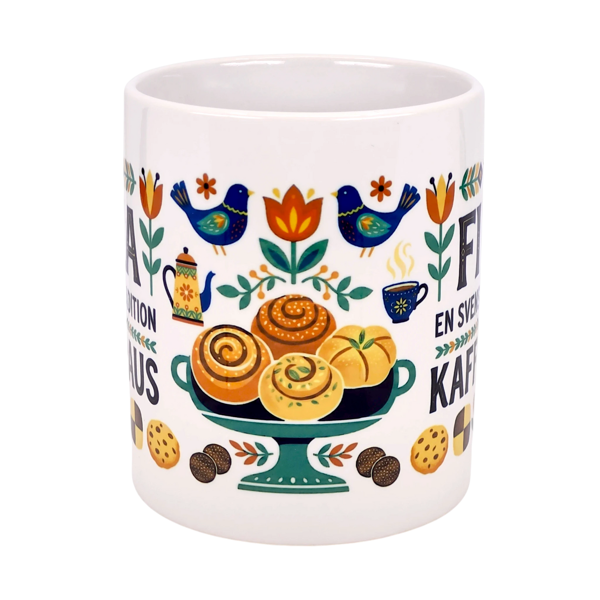 The Nordic Wholesale "En Svensk Tradition Kaffepaus" 11 oz ceramic mug features a vibrant wraparound Fika design with birds, flowers, pastries, and coffee—celebrating Swedish traditions and Scandinavian folk art. A unique gift for Fika lovers.
