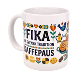 The Nordic Wholesale 11 oz ceramic mug features a wraparound Swedish Fika traditions design with flowers, a bird, coffee pot, pastries, cookies, and the text "FIKA En Svensk Tradition Kaffepaus"—a perfect gift for celebrating Swedish culture.