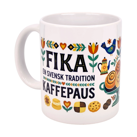The Nordic Wholesale 11 oz ceramic mug features a wraparound Swedish Fika traditions design with flowers, a bird, coffee pot, pastries, cookies, and the text "FIKA En Svensk Tradition Kaffepaus"—a perfect gift for celebrating Swedish culture.