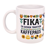 The Nordic Wholesale 11oz ceramic mug features “Fika — En Svensk Tradition Kaffepaus” and colorful floral Swedish pastry designs—an ideal Scandinavian gift celebrating the tradition of fika.