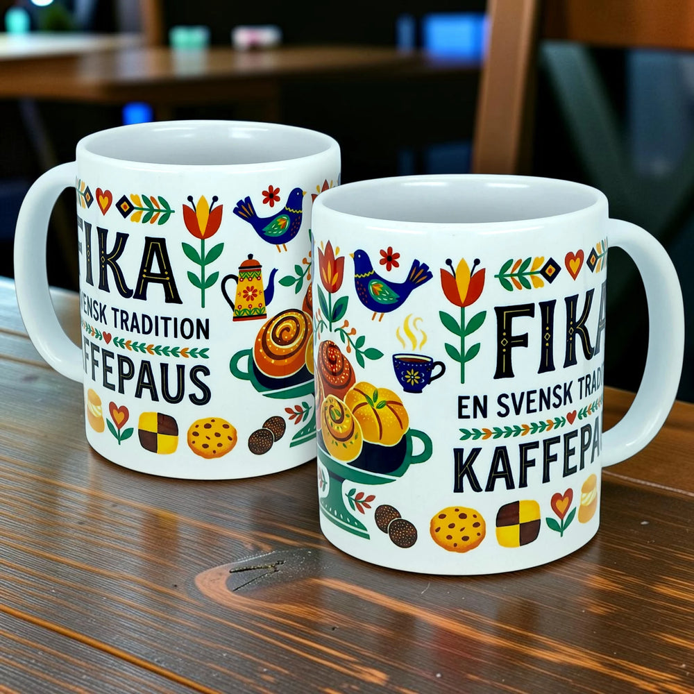 Two colorful Scandinavian coffee mugs on a wooden table, each featuring pastries, birds, flowers, and Swedish text about Fika.