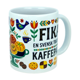 Enjoy your daily coffee ritual with the Mug: Fika — "En Svensk Tradition Kaffepaus" Swedish Fika Traditions Wraparound Ceramic Mug (11 oz) by Nordic Wholesale, featuring vibrant Scandinavian folk art with pastries, a blue bird, flowers, and the phrase "Fika En Svensk Tradition Kaffe Paus." This charming mug is the perfect gift for anyone who appreciates the cozy Swedish tradition of fika.