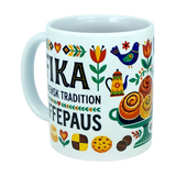 Discover the Mug: Fika — "En Svensk Tradition Kaffepaus" Swedish Fika Traditions Wraparound Ceramic Mug (11 oz) by Nordic Wholesale, featuring vibrant Scandinavian floral patterns, a bird, a teapot, iconic Swedish pastries, and the phrase "FIKA SVENSK TRADITION KAFFEPAUS" on a crisp white background—an ideal gift celebrating the beloved Swedish fika tradition.