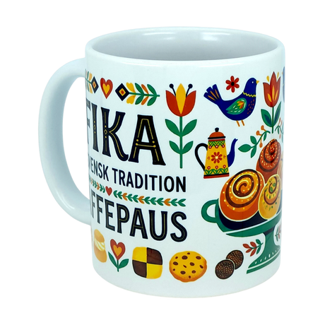 Discover the Mug: Fika — "En Svensk Tradition Kaffepaus" Swedish Fika Traditions Wraparound Ceramic Mug (11 oz) by Nordic Wholesale, featuring vibrant Scandinavian floral patterns, a bird, a teapot, iconic Swedish pastries, and the phrase "FIKA SVENSK TRADITION KAFFEPAUS" on a crisp white background—an ideal gift celebrating the beloved Swedish fika tradition.