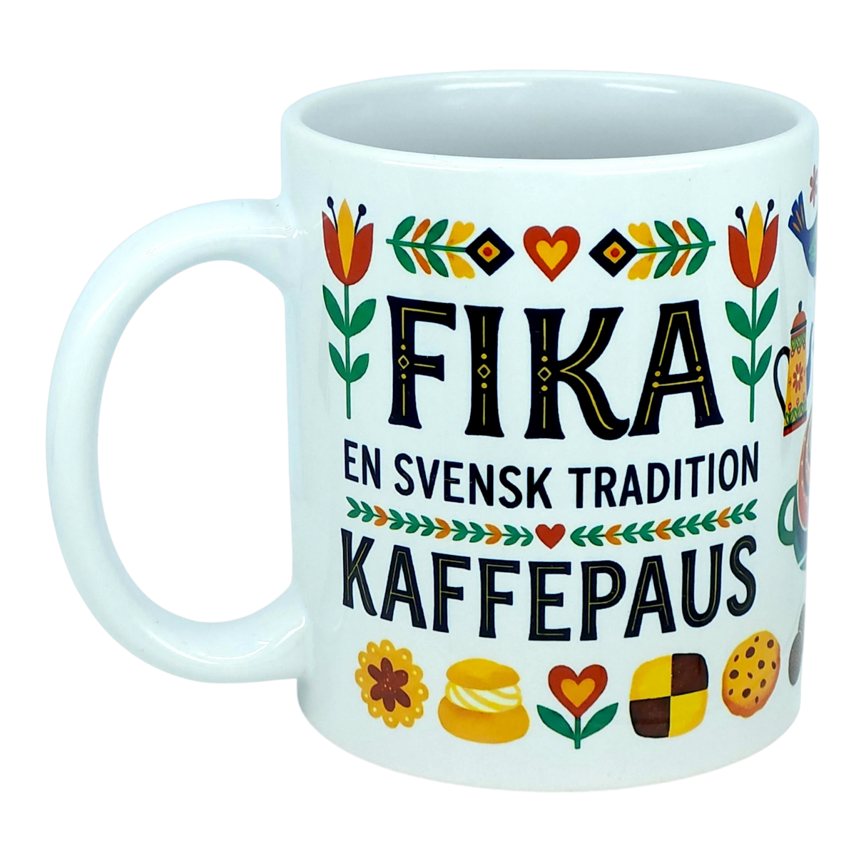 The Nordic Wholesale Mug: Fika — "En Svensk Tradition Kaffepaus" Swedish Fika Traditions Wraparound Ceramic Mug (11 oz) features vibrant flower and heart motifs, with the phrase FIKA EN SVENSK TRADITION KAFFEPAUS. Adorned with images of pastries and cookies along the bottom, this charming Scandinavian mug is an ideal Swedish tradition gift for fika enthusiasts.