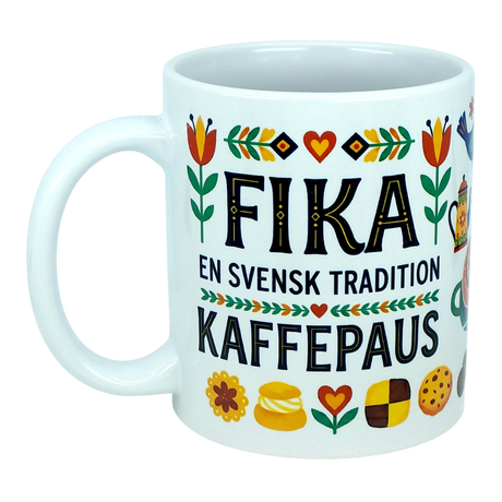The Nordic Wholesale Mug: Fika — "En Svensk Tradition Kaffepaus" Swedish Fika Traditions Wraparound Ceramic Mug (11 oz) features vibrant flower and heart motifs, with the phrase FIKA EN SVENSK TRADITION KAFFEPAUS. Adorned with images of pastries and cookies along the bottom, this charming Scandinavian mug is an ideal Swedish tradition gift for fika enthusiasts.