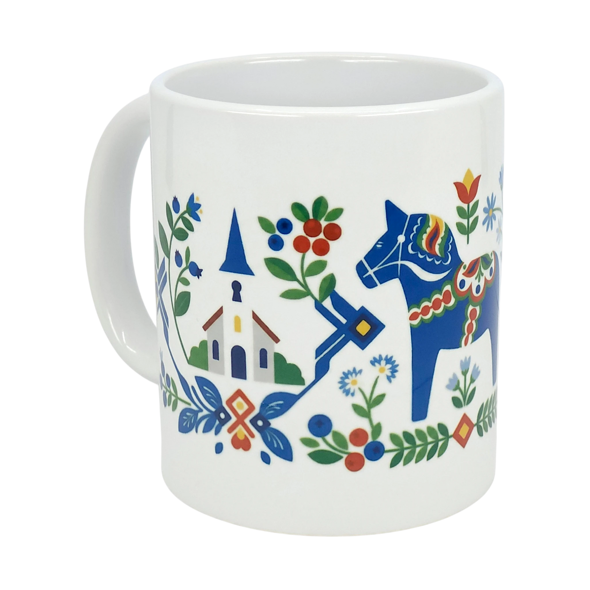 Enjoy your favorite beverage in the Mug: Swedish Folk Art — Blue Dala Horse, Church & Red House | 11oz Ceramic Mug from Nordic Wholesale. This white ceramic mug features a vibrant Scandinavian folk art design with a blue Dala horse, colorful flowers, leafy motifs, a church with a steeple, and a charming red house. Accented in bold red, green, yellow, and blue hues for an authentic Swedish style.