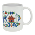 Brighten your table with the Nordic Wholesale Mug: Swedish Folk Art — Blue Dala Horse, Church & Red House. This 11oz ceramic mug features charming Scandinavian folk art motifs, including a red house, blue Dala horse, church, floral details, green leaves, and intricate geometric patterns—perfect for adding a touch of traditional Swedish style to your daily routine.