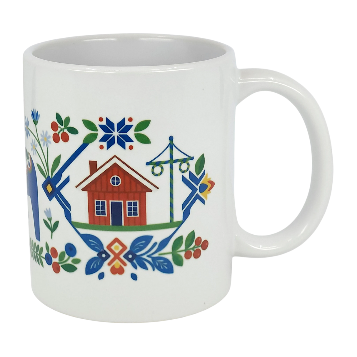 Brighten your table with the Nordic Wholesale Mug: Swedish Folk Art — Blue Dala Horse, Church & Red House. This 11oz ceramic mug features charming Scandinavian folk art motifs, including a red house, blue Dala horse, church, floral details, green leaves, and intricate geometric patterns—perfect for adding a touch of traditional Swedish style to your daily routine.
